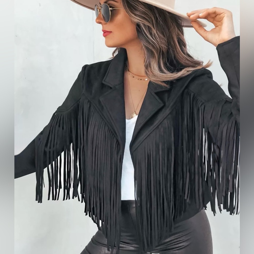 Black Fringe Leather Jacket - Women